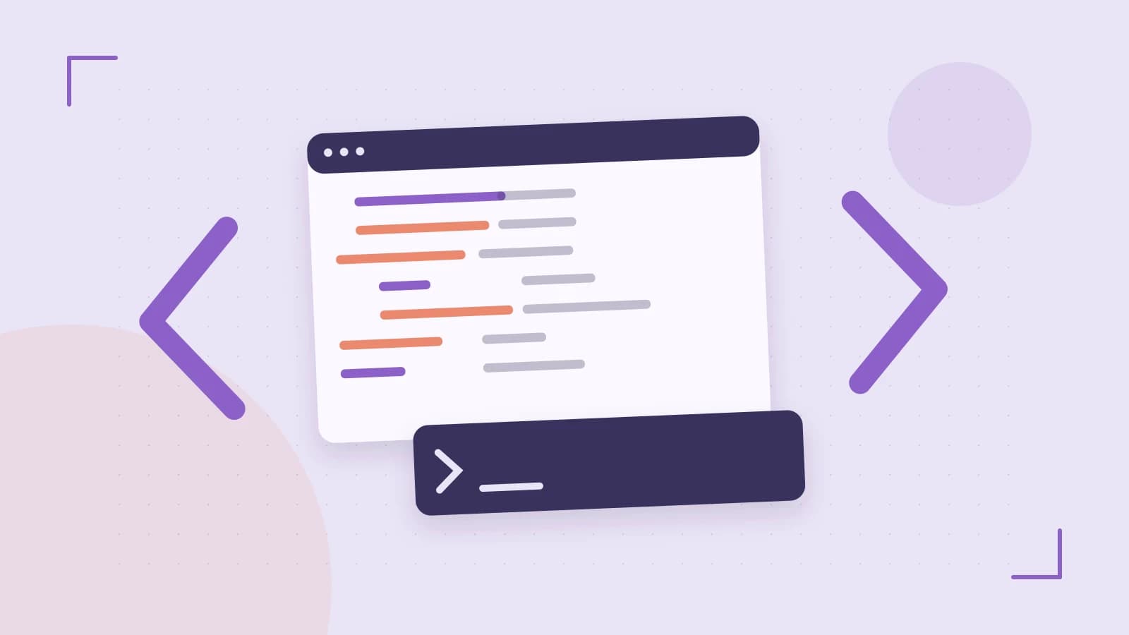 Editorial illustration of an abstract code editor, syntax blocks and oversized programming brackets