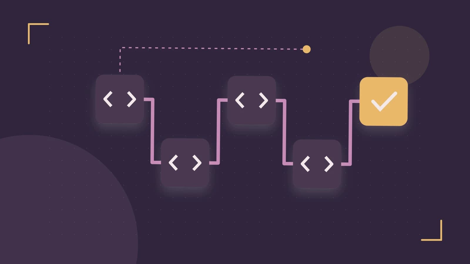 Editorial illustration of a branching build pipeline, staged transformations and a completed check