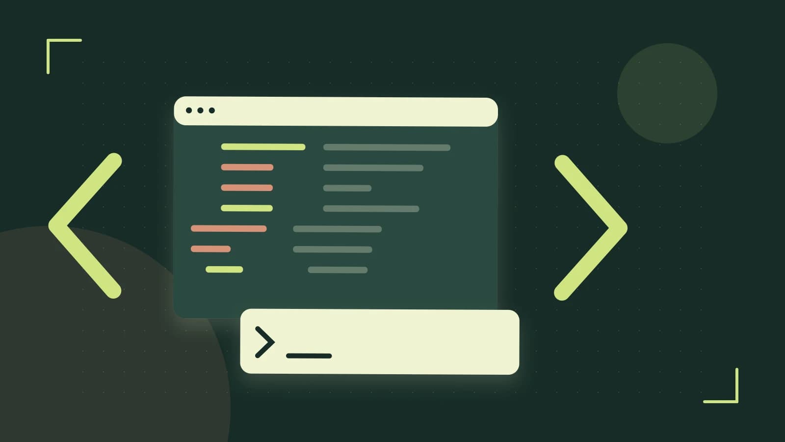 Editorial illustration of an abstract code editor, syntax blocks and oversized programming brackets