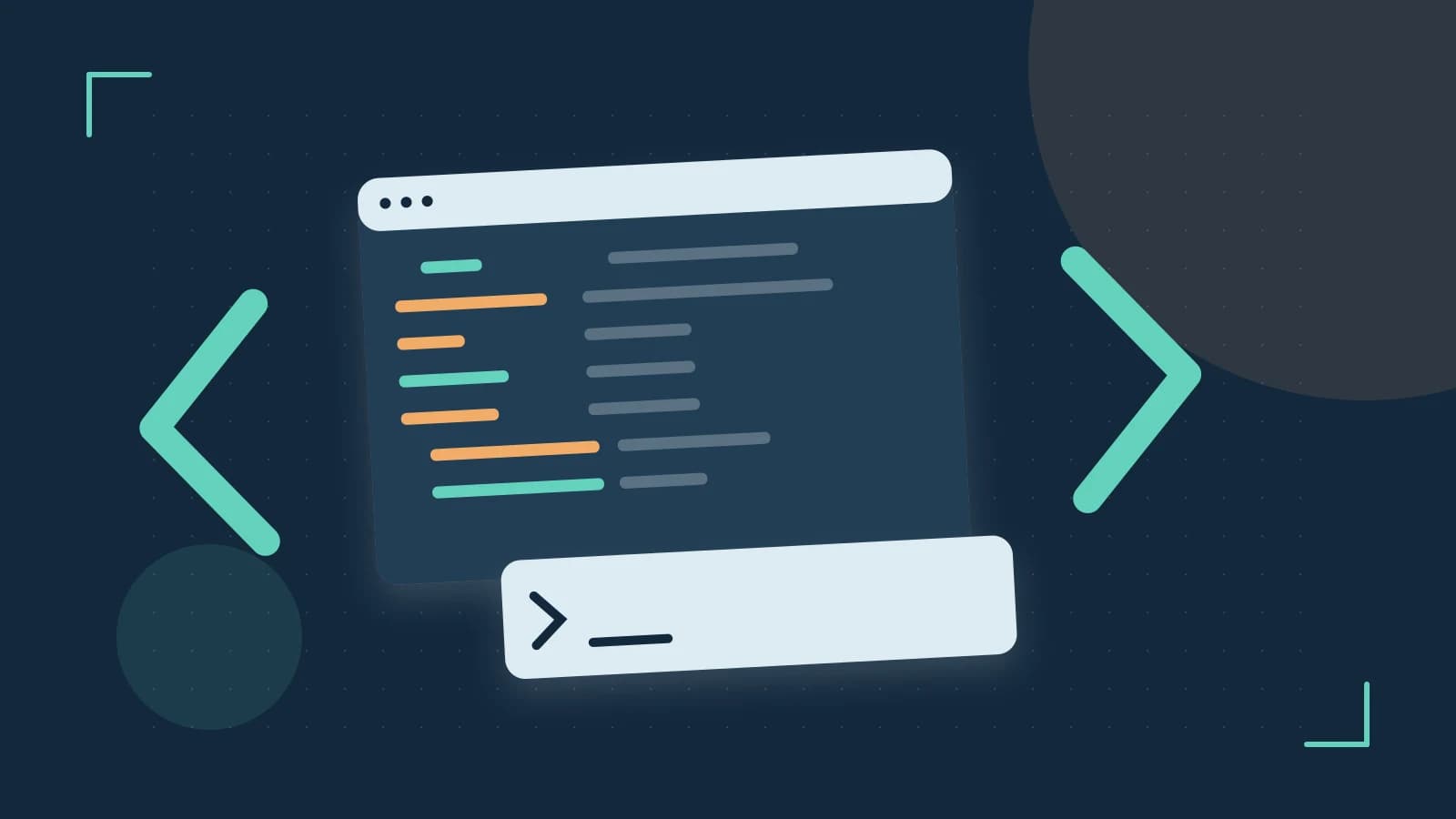 Editorial illustration of an abstract code editor, syntax blocks and oversized programming brackets