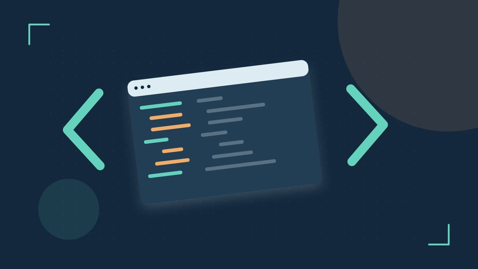 Editorial illustration of an abstract code editor, syntax blocks and oversized programming brackets