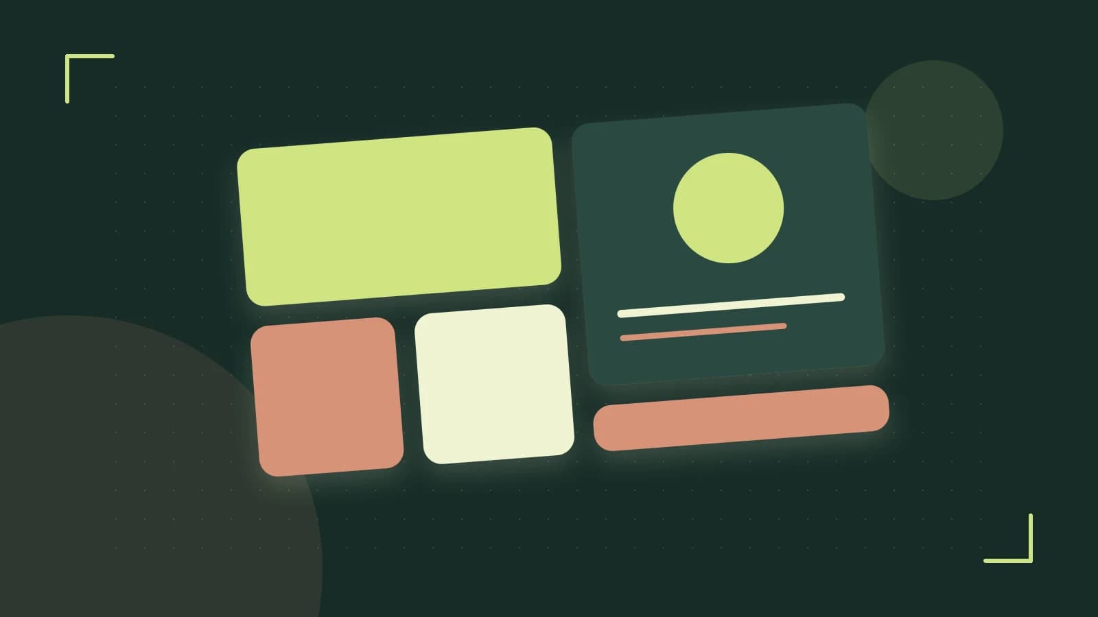 Editorial illustration of responsive browser layouts, overlapping design components and a color system