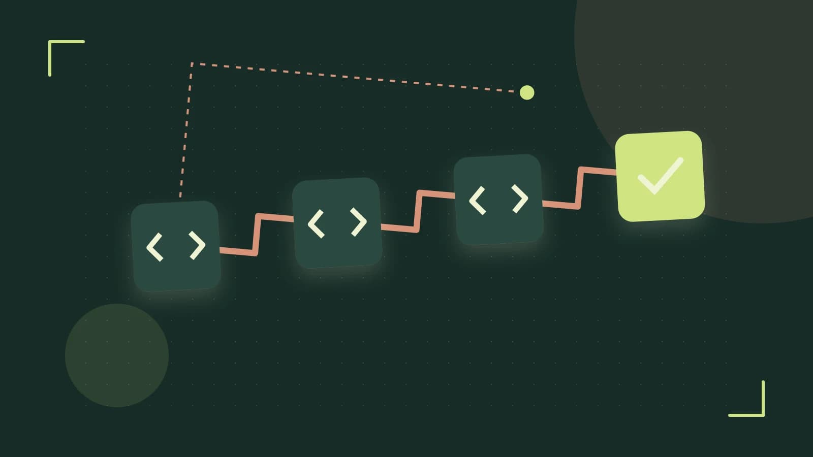 Editorial illustration of a branching build pipeline, staged transformations and a completed check