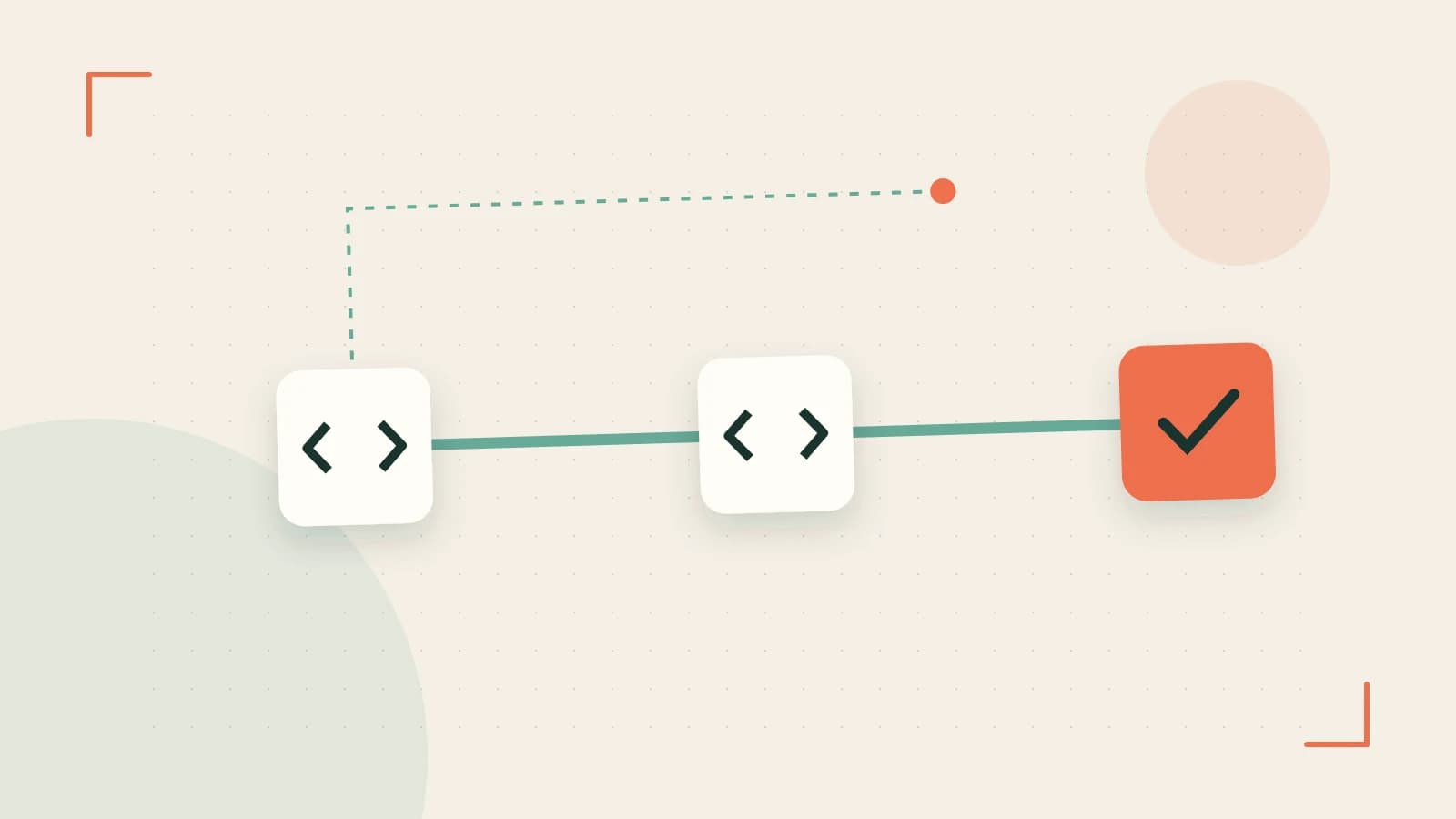 Editorial illustration of a branching build pipeline, staged transformations and a completed check
