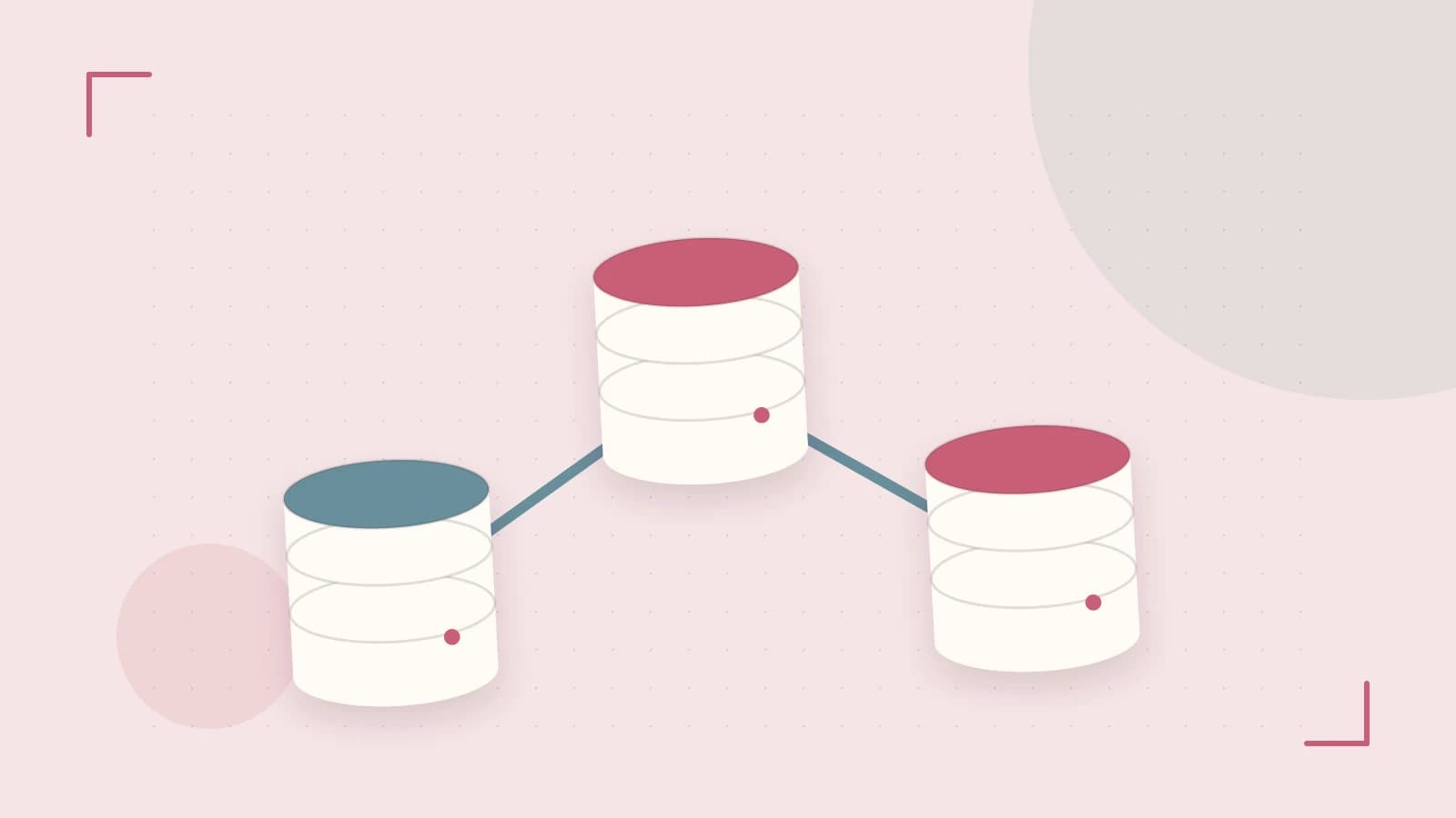 Editorial illustration of structured records, database cylinders and relationships between tables