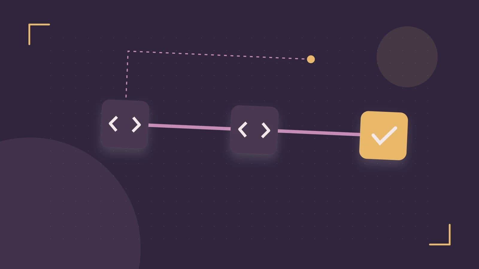 Editorial illustration of a branching build pipeline, staged transformations and a completed check