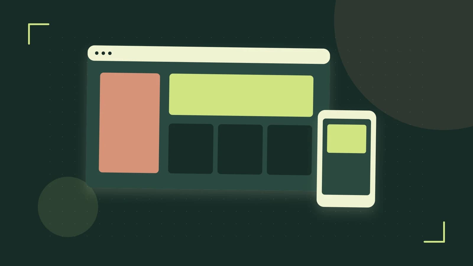 Editorial illustration of responsive browser layouts, overlapping design components and a color system