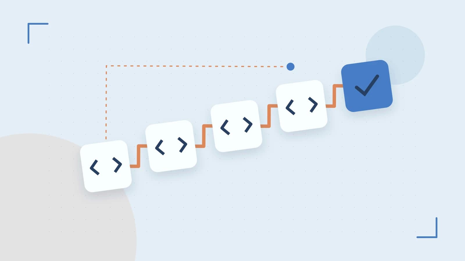 Editorial illustration of a branching build pipeline, staged transformations and a completed check