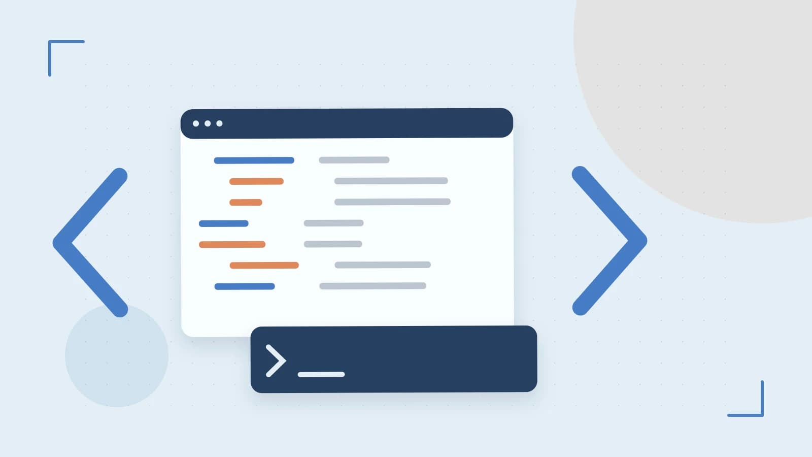 Editorial illustration of an abstract code editor, syntax blocks and oversized programming brackets