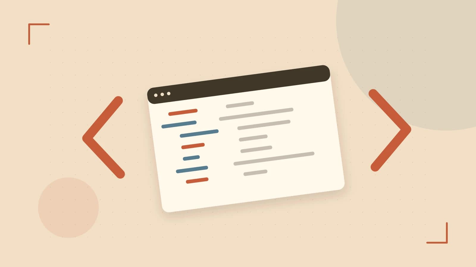 Editorial illustration of an abstract code editor, syntax blocks and oversized programming brackets