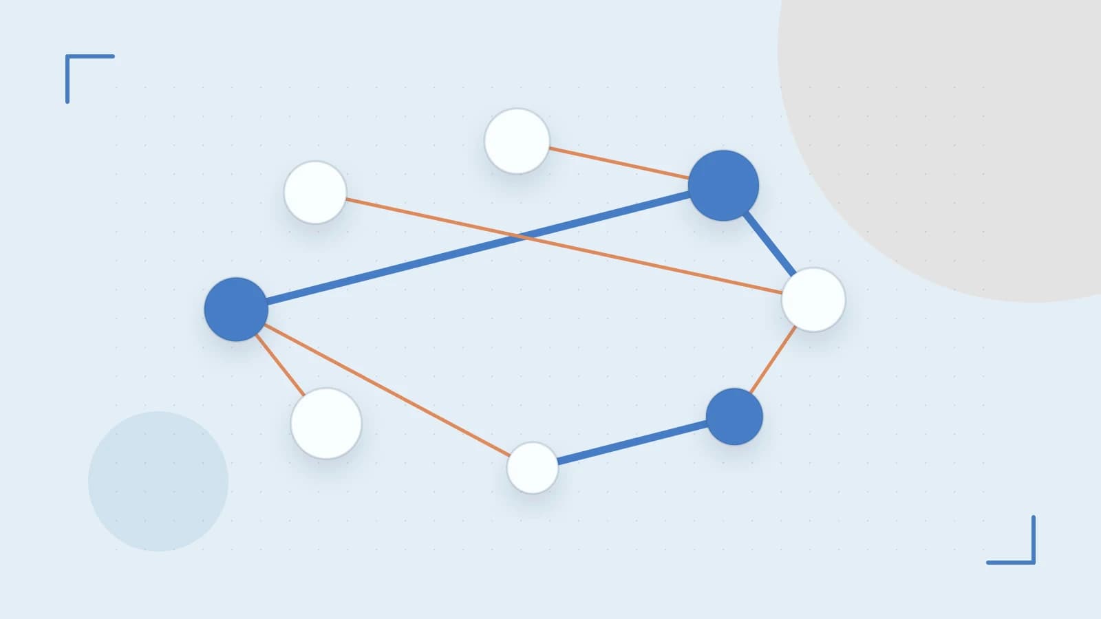 Editorial illustration of an algorithmic node graph with branching paths and a highlighted result