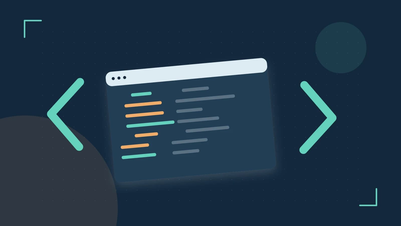 Editorial illustration of an abstract code editor, syntax blocks and oversized programming brackets