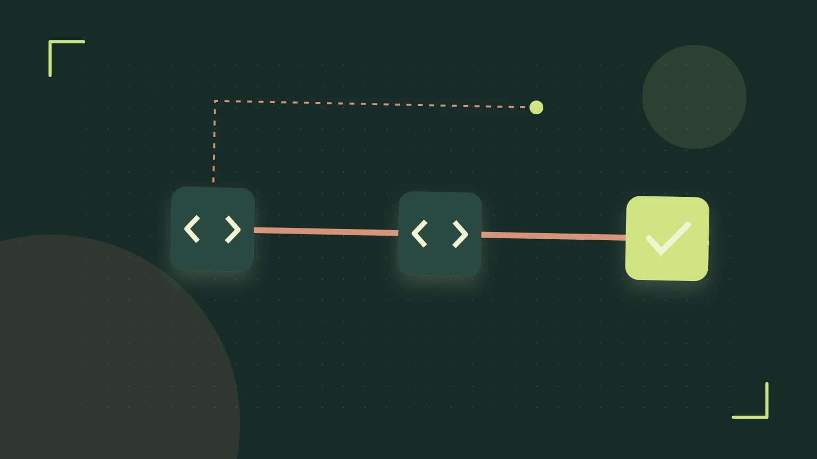 Editorial illustration of a branching build pipeline, staged transformations and a completed check