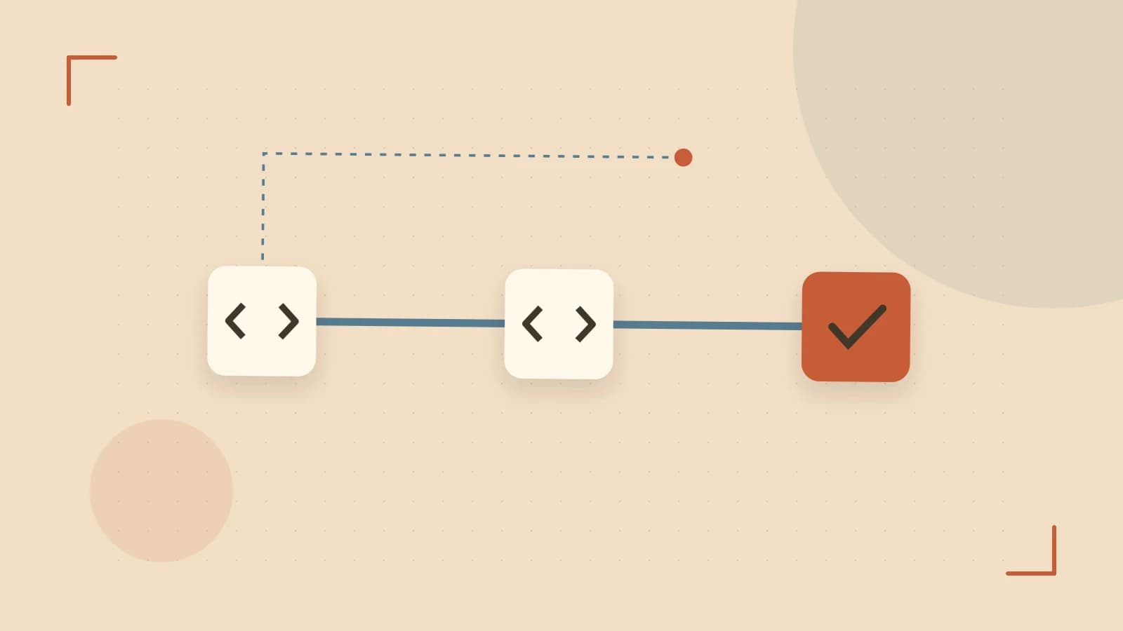 Editorial illustration of a branching build pipeline, staged transformations and a completed check