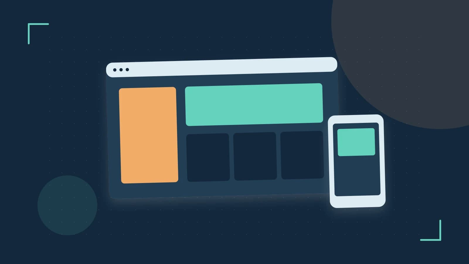 Editorial illustration of responsive browser layouts, overlapping design components and a color system