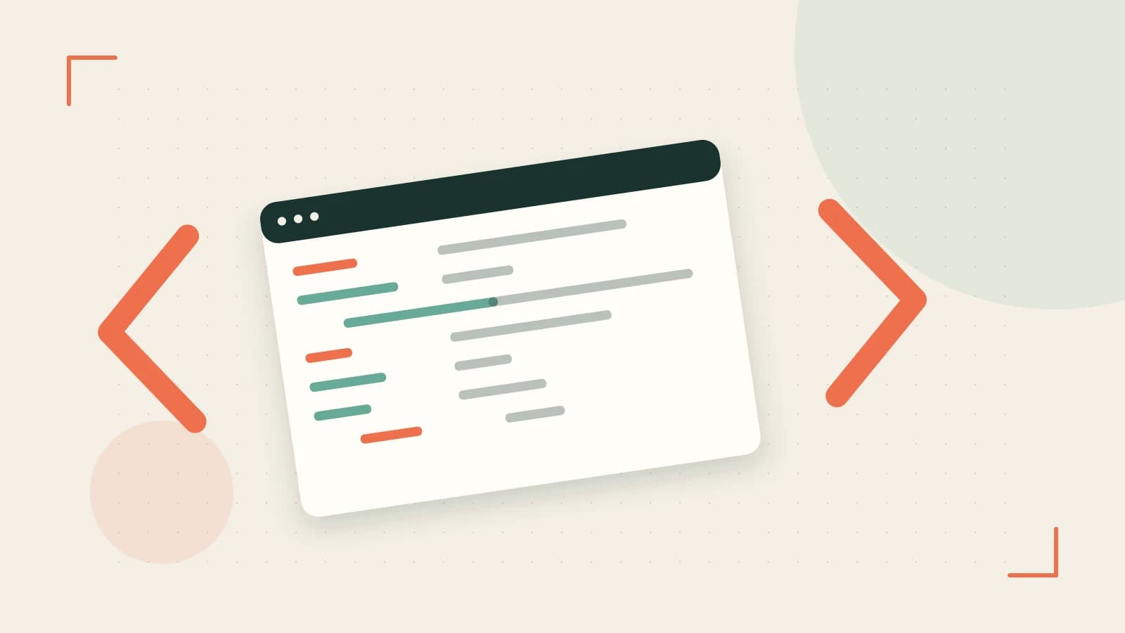 Editorial illustration of an abstract code editor, syntax blocks and oversized programming brackets
