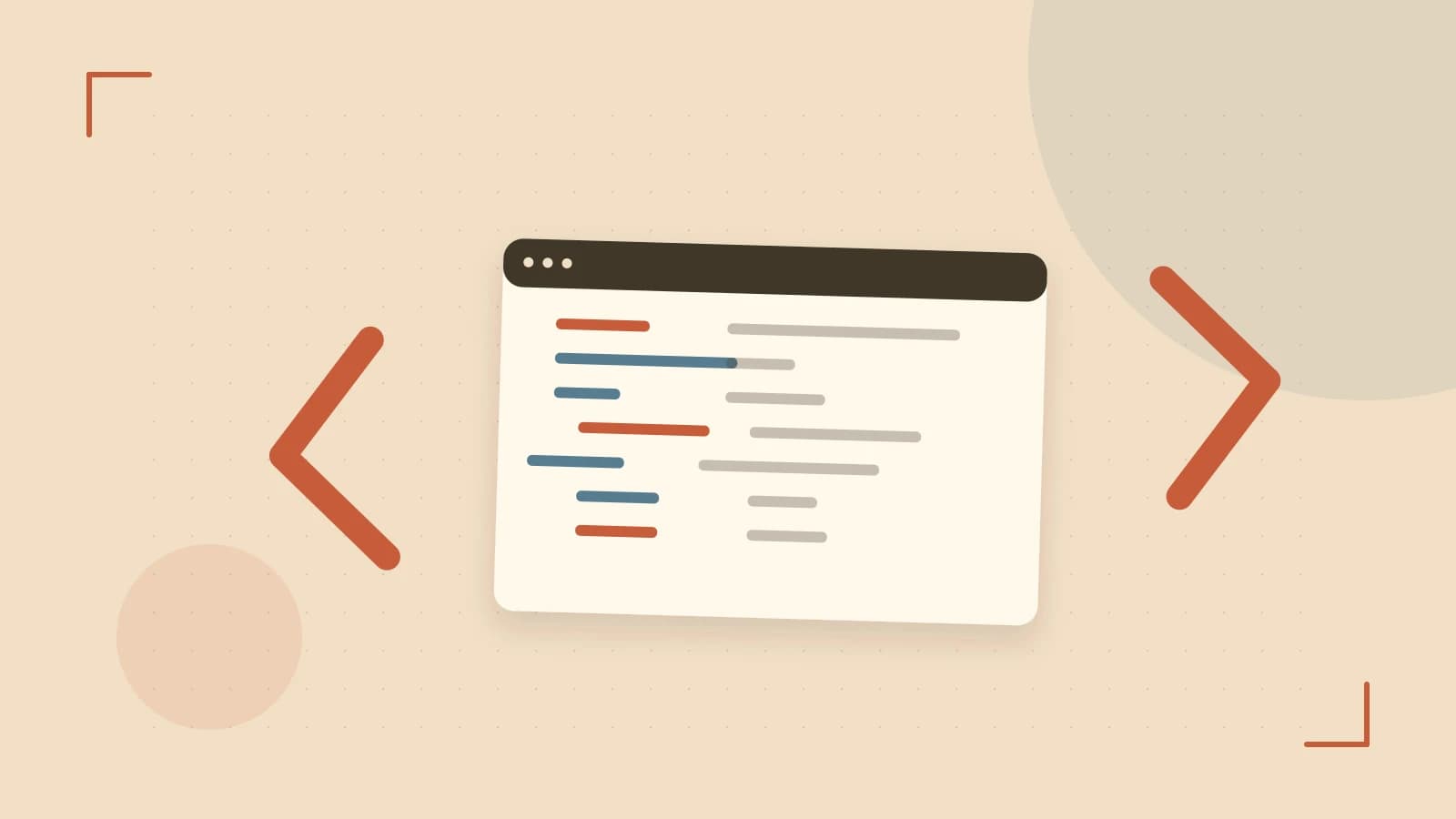 Editorial illustration of an abstract code editor, syntax blocks and oversized programming brackets