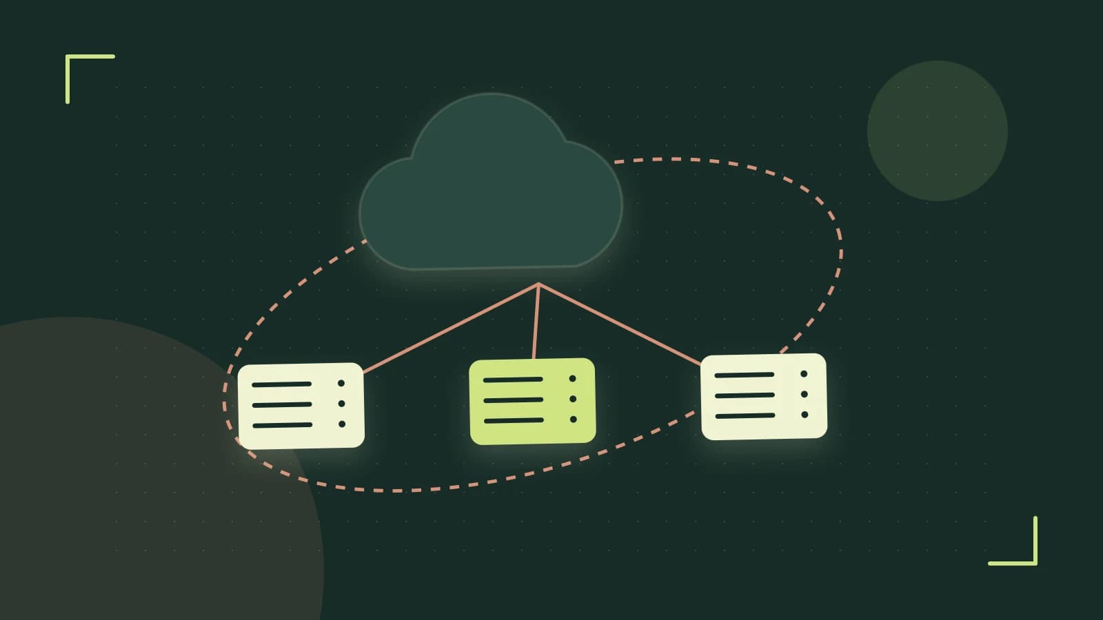 Editorial illustration of cloud infrastructure, connected server racks and an orbital service map
