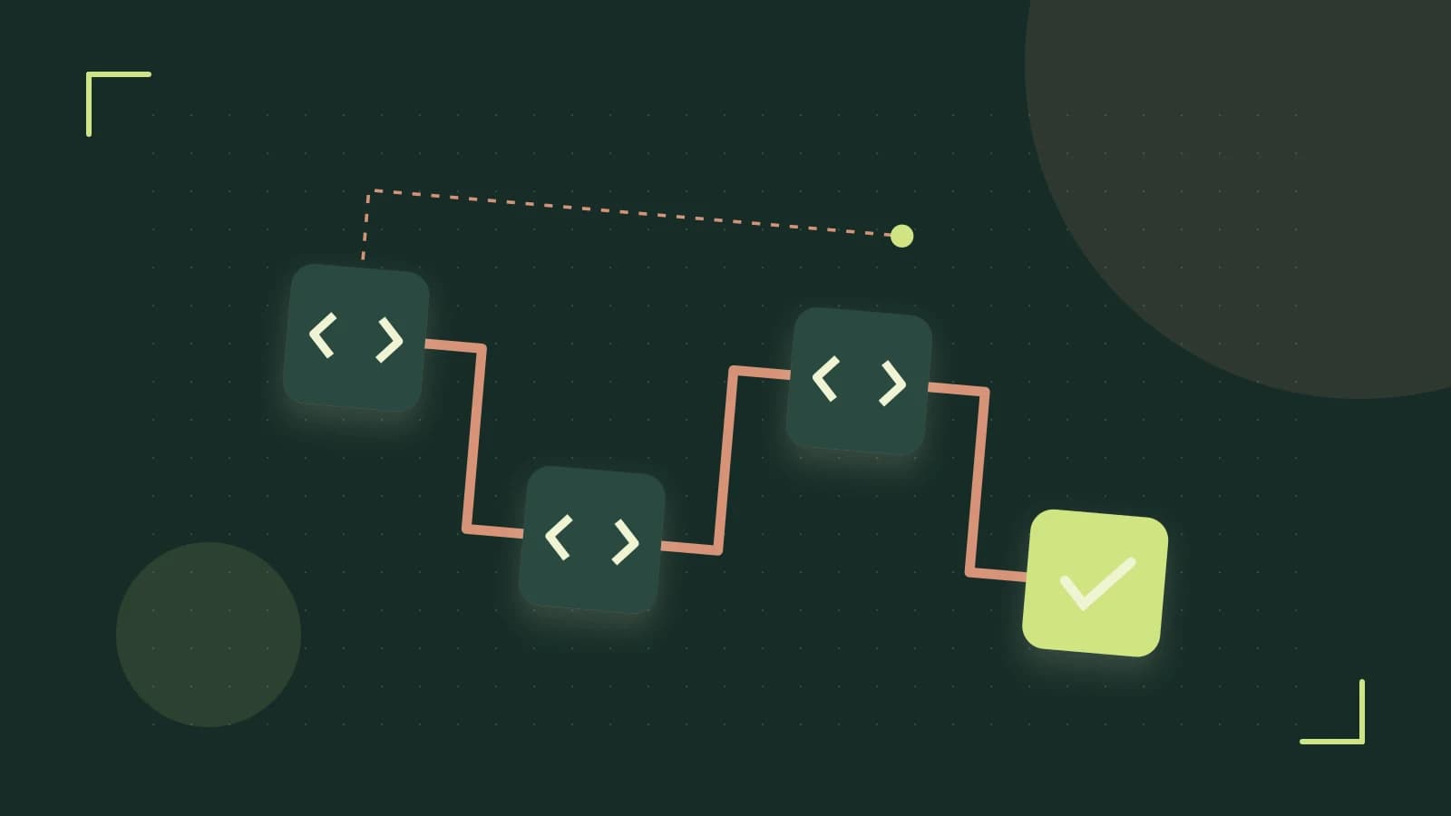 Editorial illustration of a branching build pipeline, staged transformations and a completed check