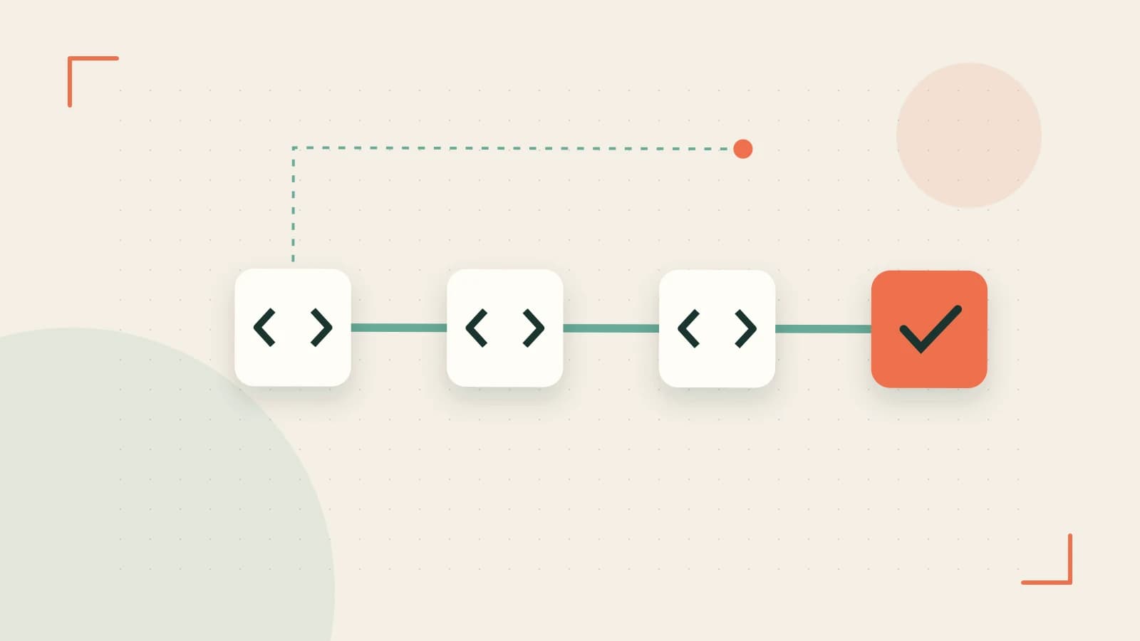 Editorial illustration of a branching build pipeline, staged transformations and a completed check