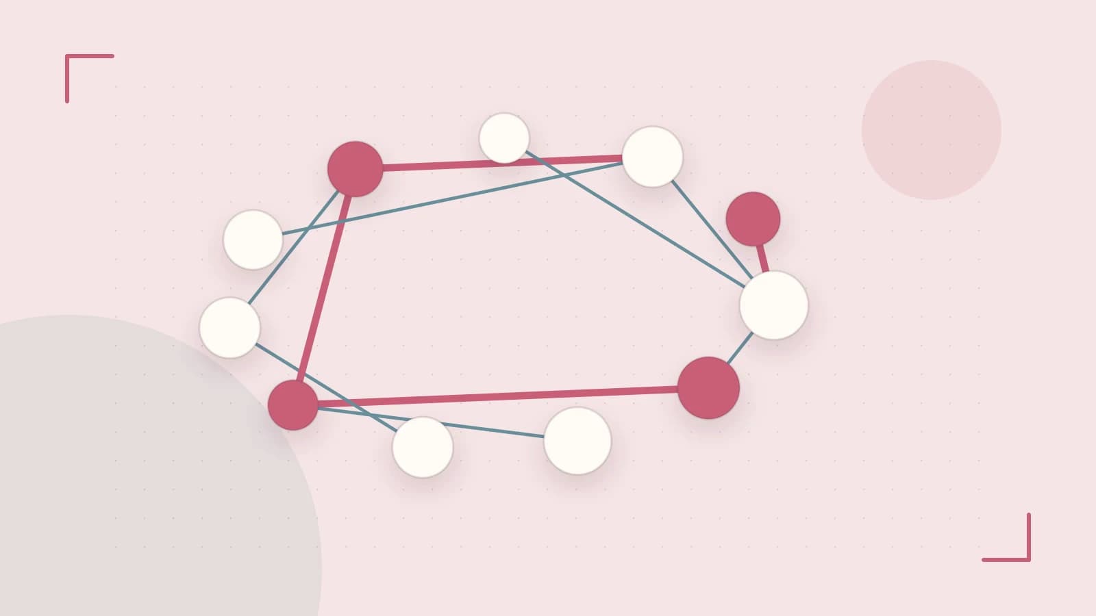 Editorial illustration of an algorithmic node graph with branching paths and a highlighted result
