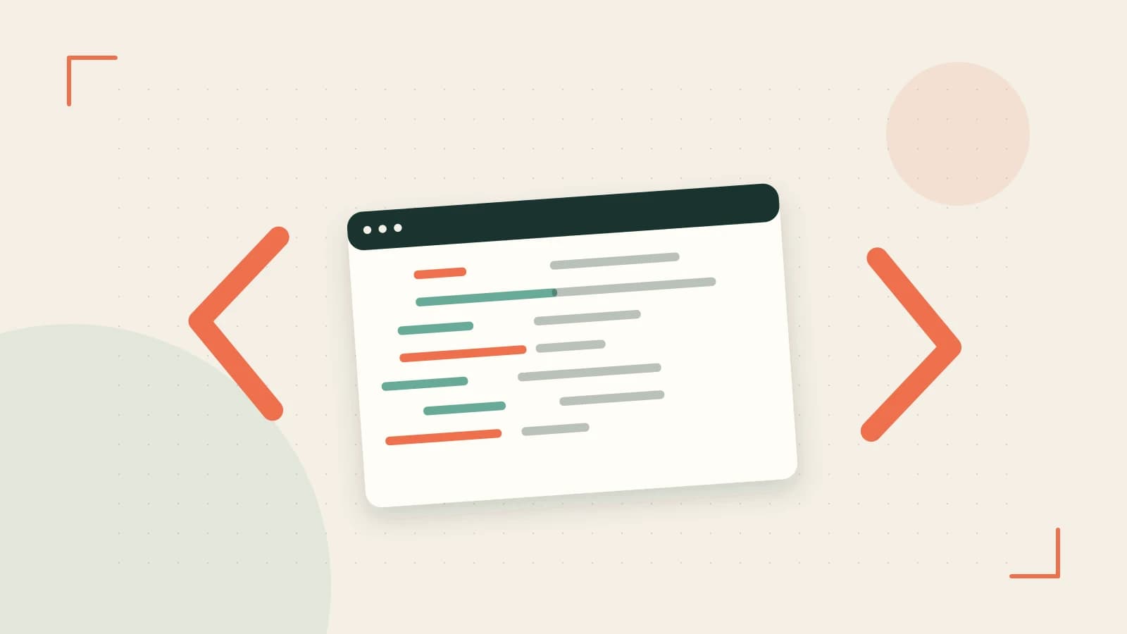 Editorial illustration of an abstract code editor, syntax blocks and oversized programming brackets