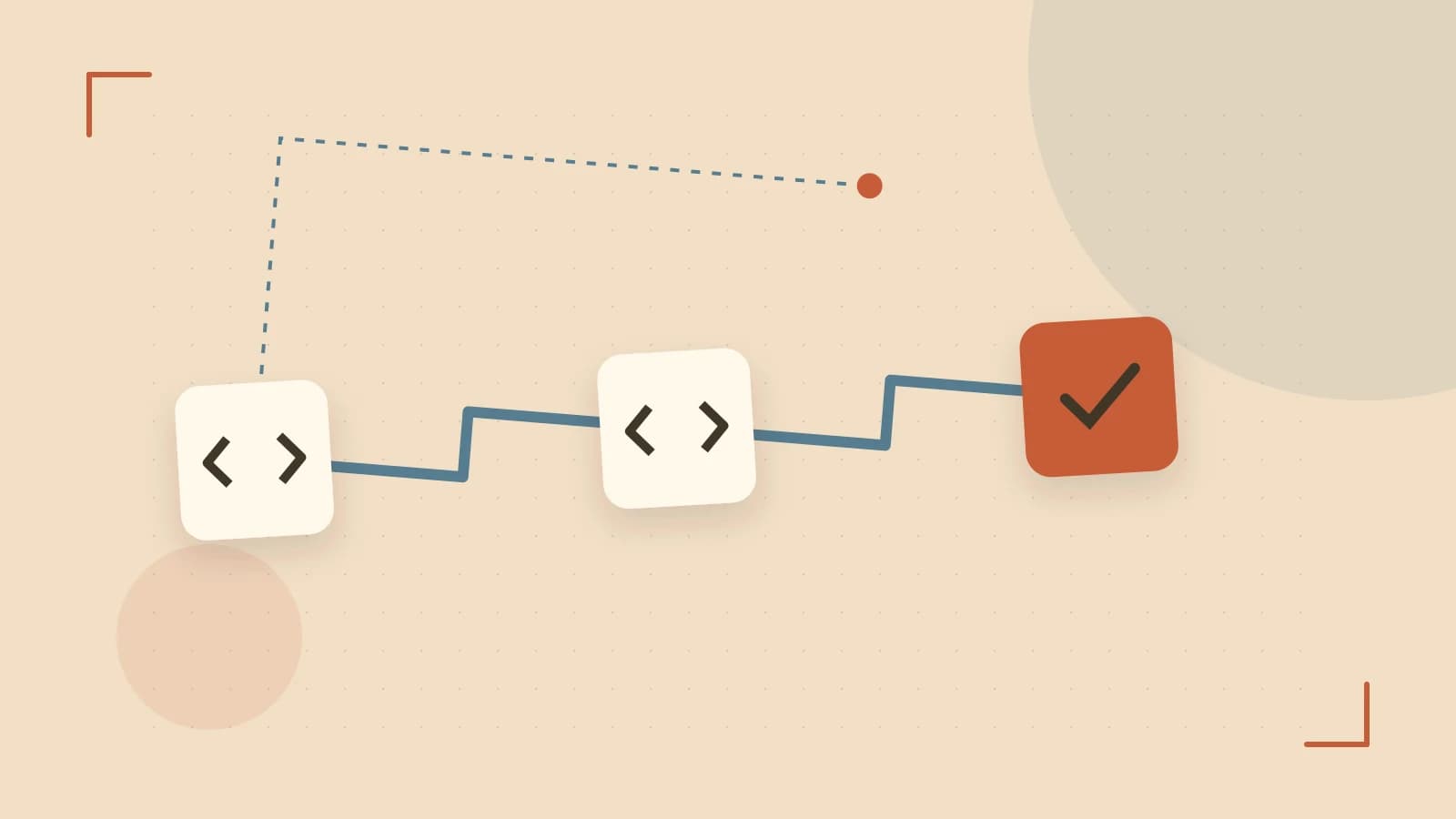 Editorial illustration of a branching build pipeline, staged transformations and a completed check