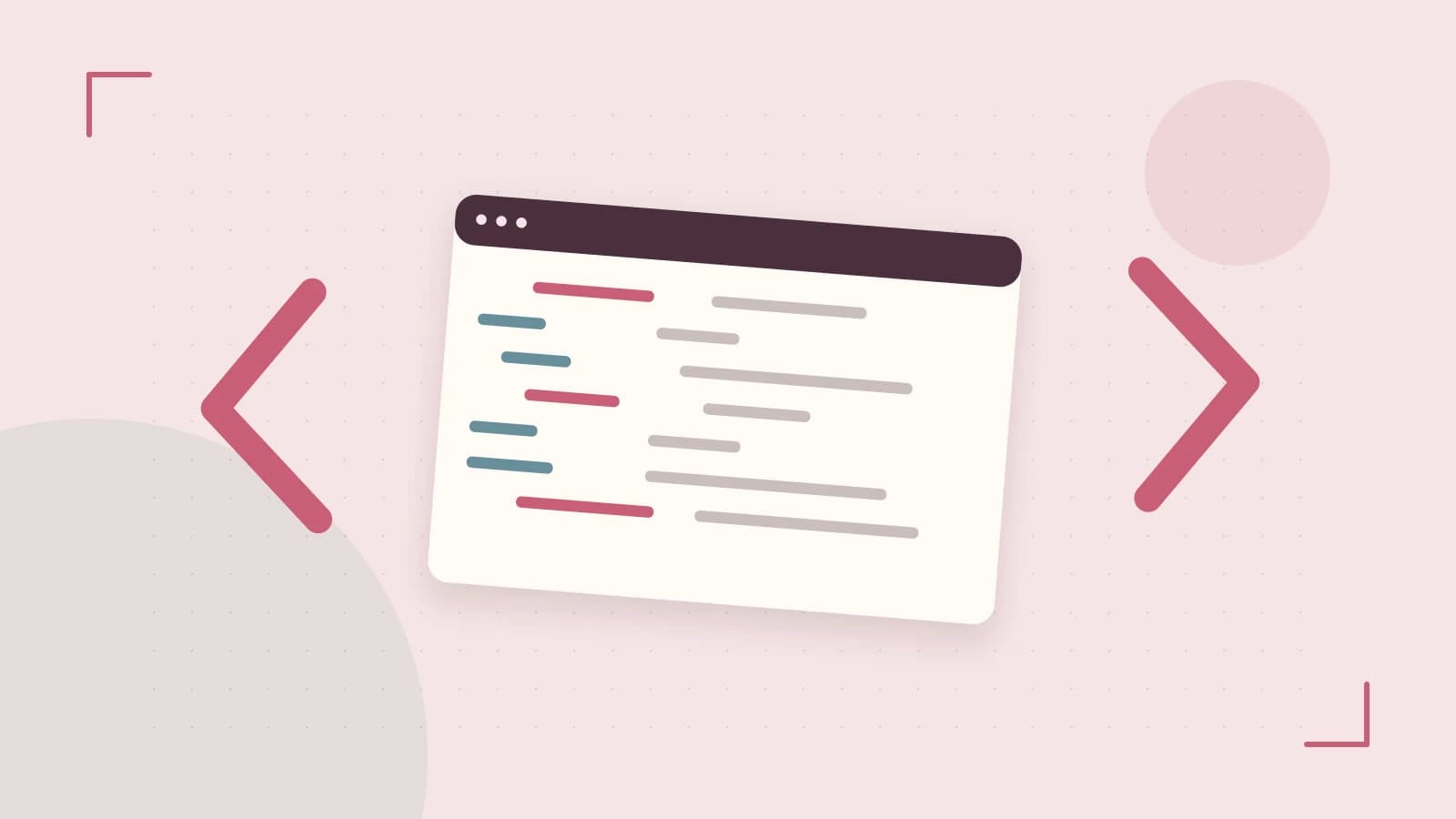 Editorial illustration of an abstract code editor, syntax blocks and oversized programming brackets