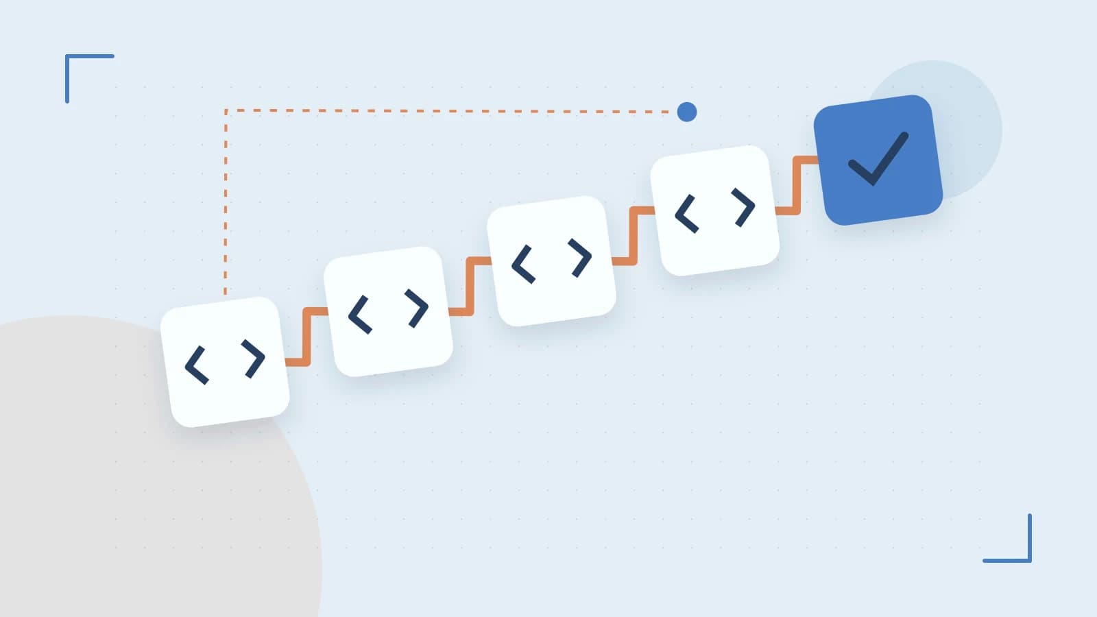 Editorial illustration of a branching build pipeline, staged transformations and a completed check