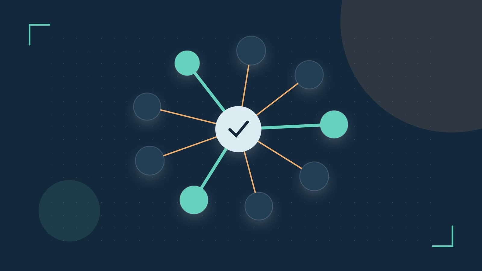 Editorial illustration of an algorithmic node graph with branching paths and a highlighted result