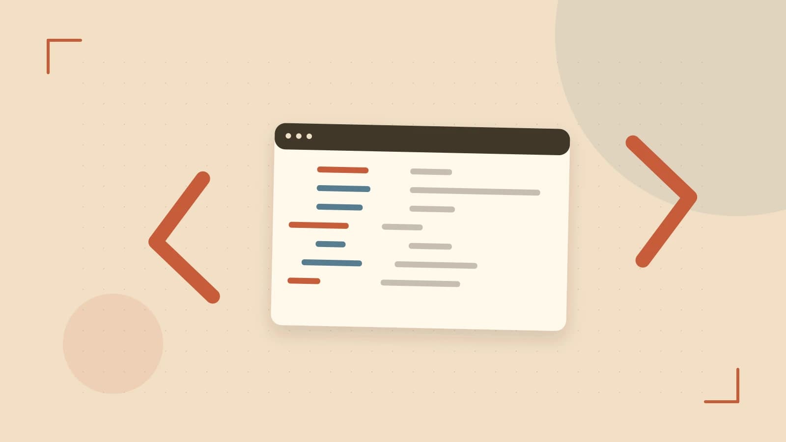 Editorial illustration of an abstract code editor, syntax blocks and oversized programming brackets