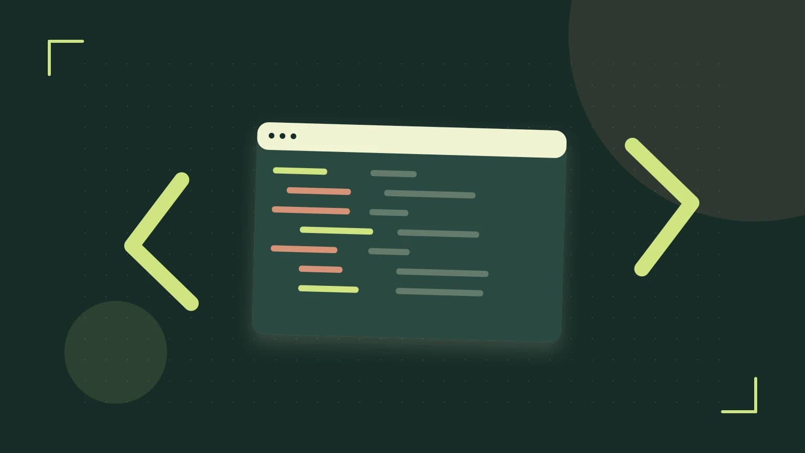 Editorial illustration of an abstract code editor, syntax blocks and oversized programming brackets