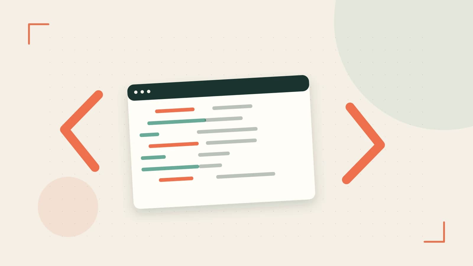 Editorial illustration of an abstract code editor, syntax blocks and oversized programming brackets