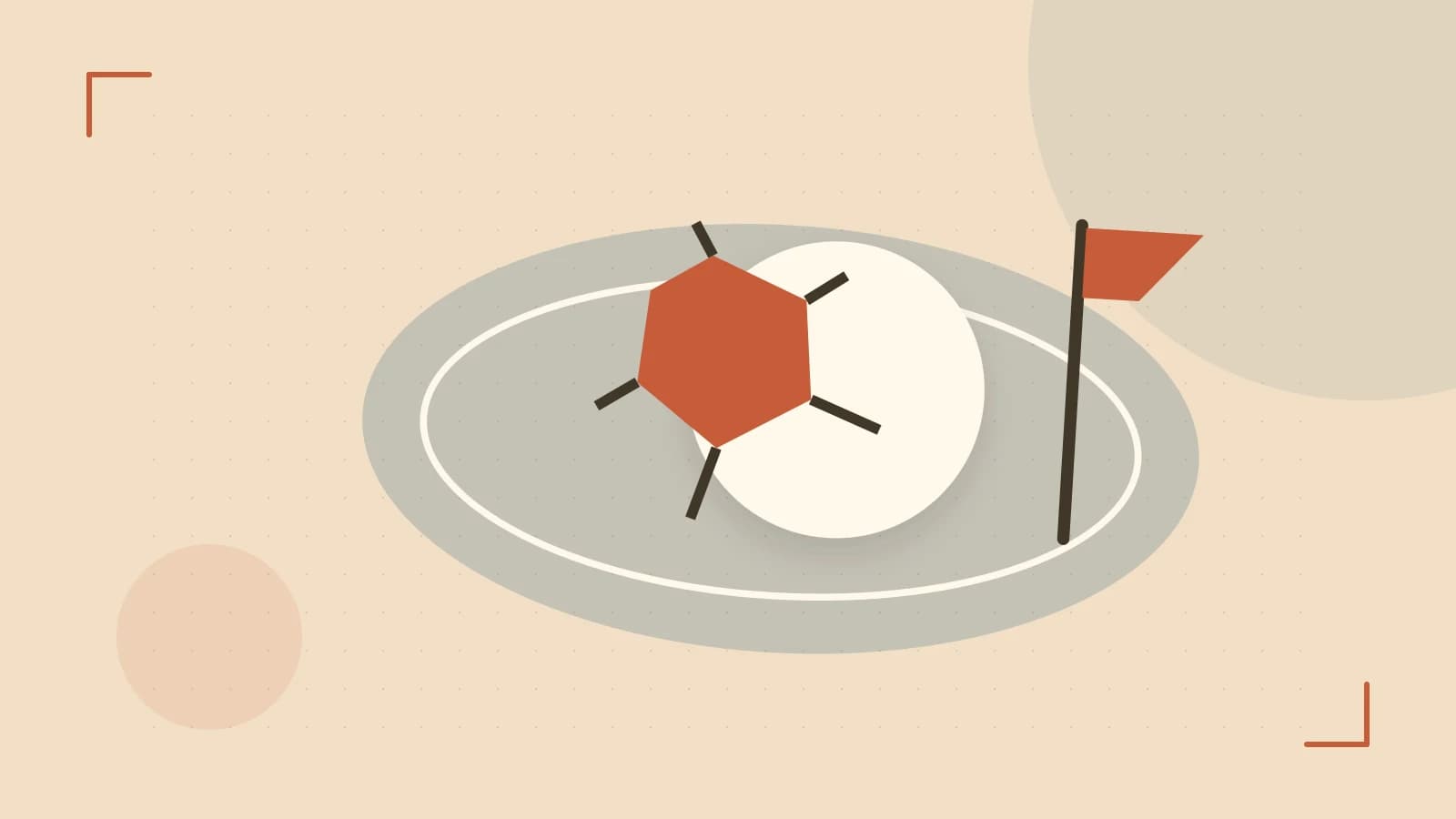 Editorial illustration of a stylized sports ball, stadium geometry and dynamic arcs