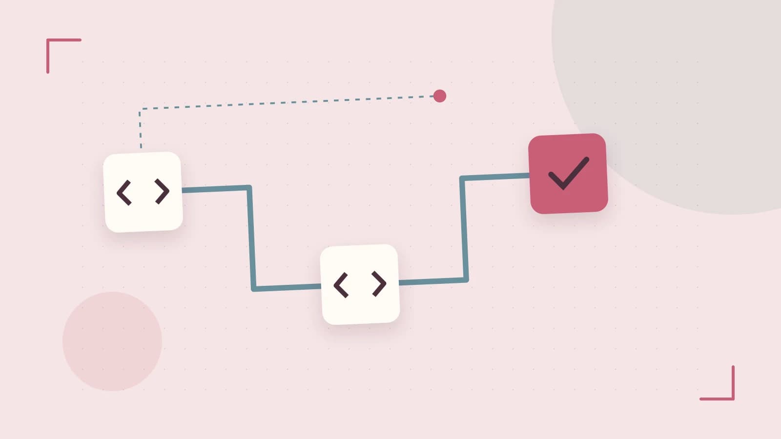 Editorial illustration of a branching build pipeline, staged transformations and a completed check