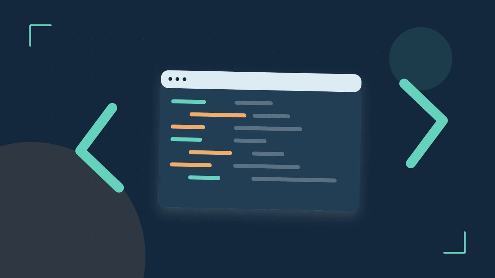 Editorial illustration of an abstract code editor, syntax blocks and oversized programming brackets