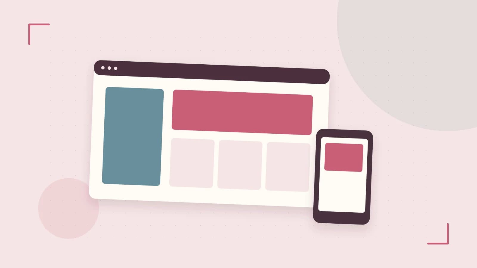 Editorial illustration of responsive browser layouts, overlapping design components and a color system