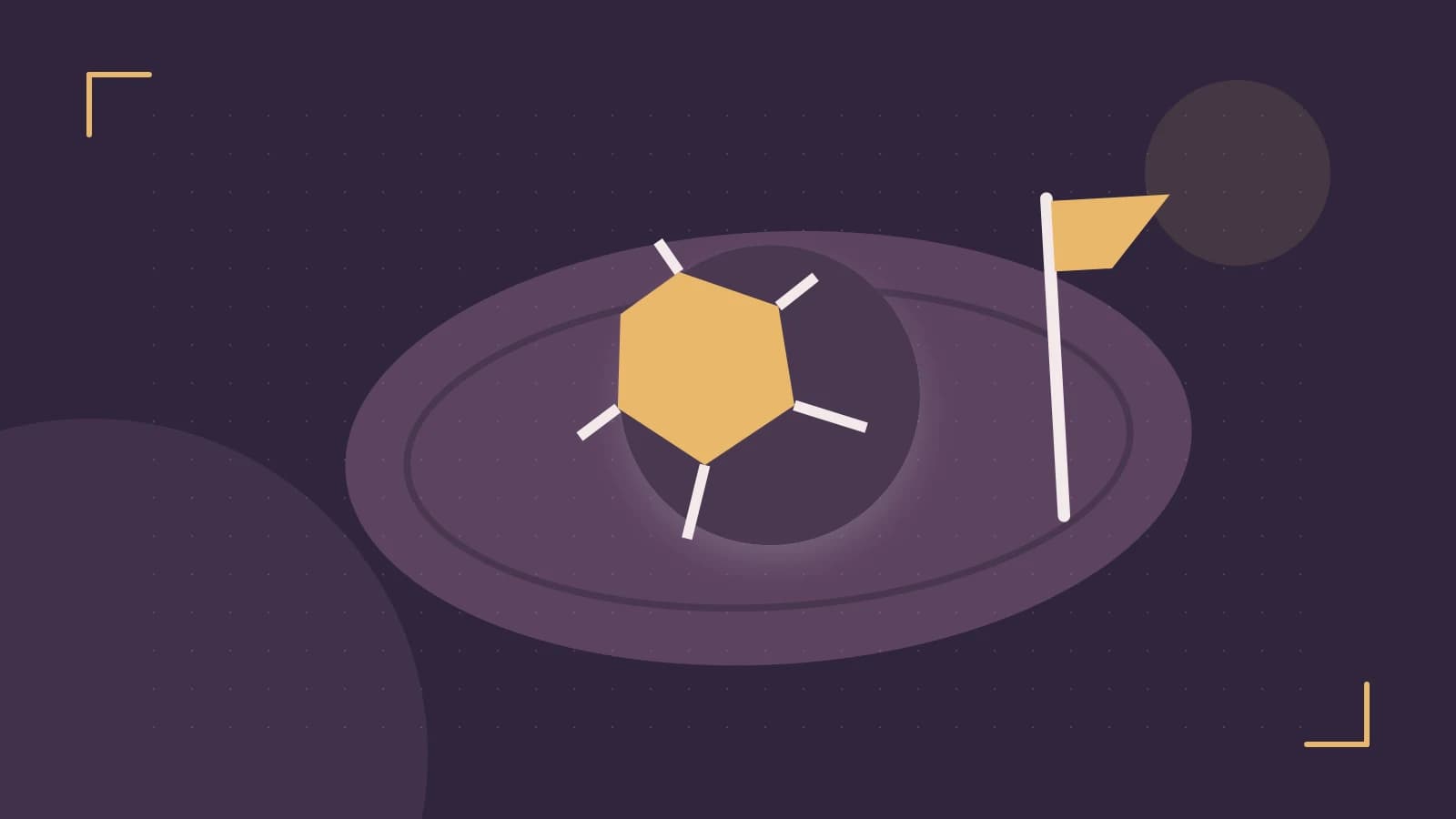 Editorial illustration of a stylized sports ball, stadium geometry and dynamic arcs