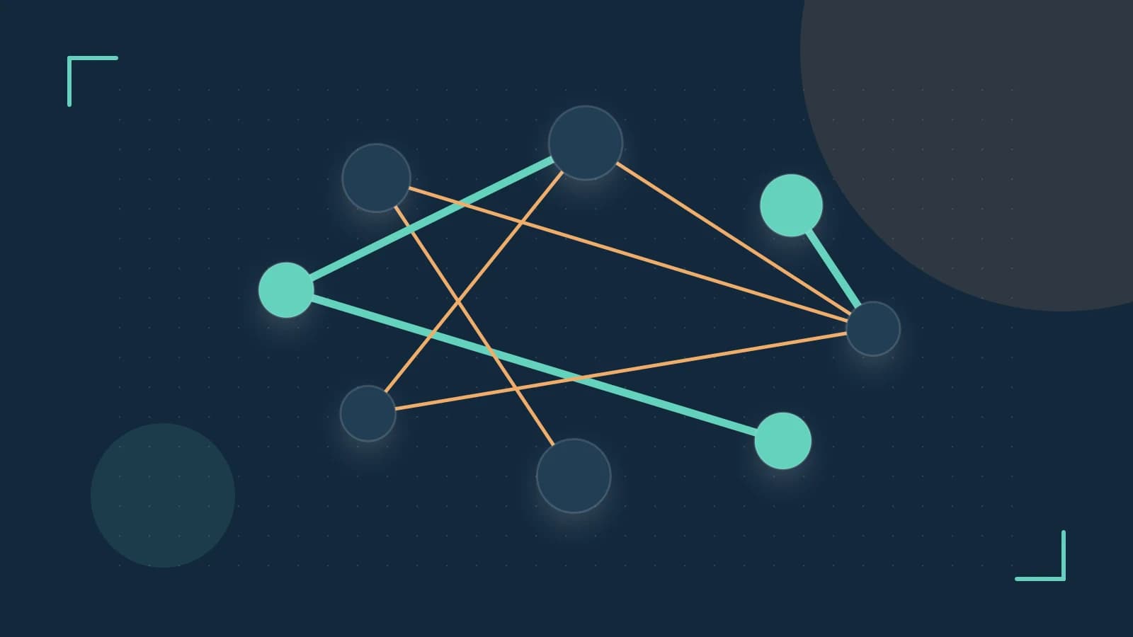Editorial illustration of an algorithmic node graph with branching paths and a highlighted result