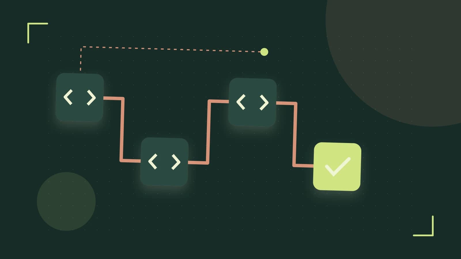 Editorial illustration of a branching build pipeline, staged transformations and a completed check