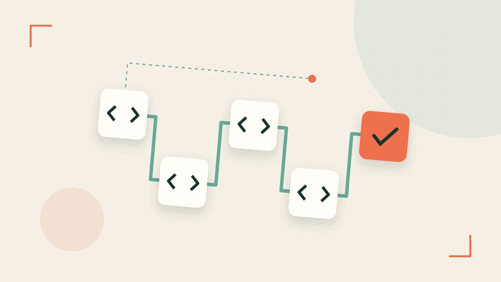 Editorial illustration of a branching build pipeline, staged transformations and a completed check