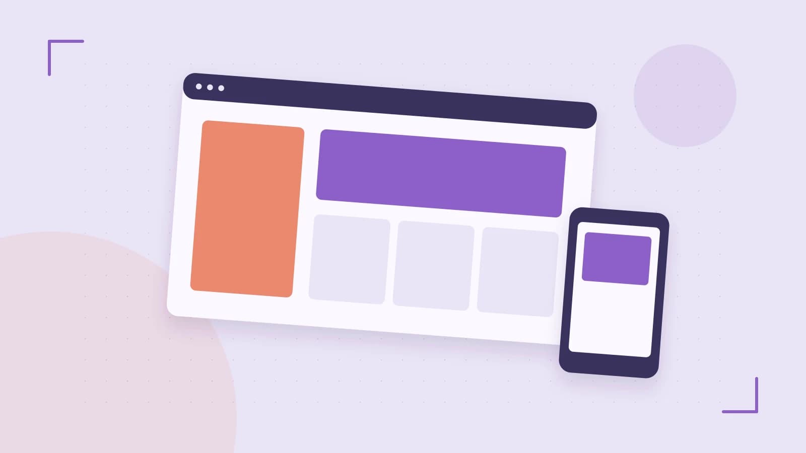 Editorial illustration of responsive browser layouts, overlapping design components and a color system