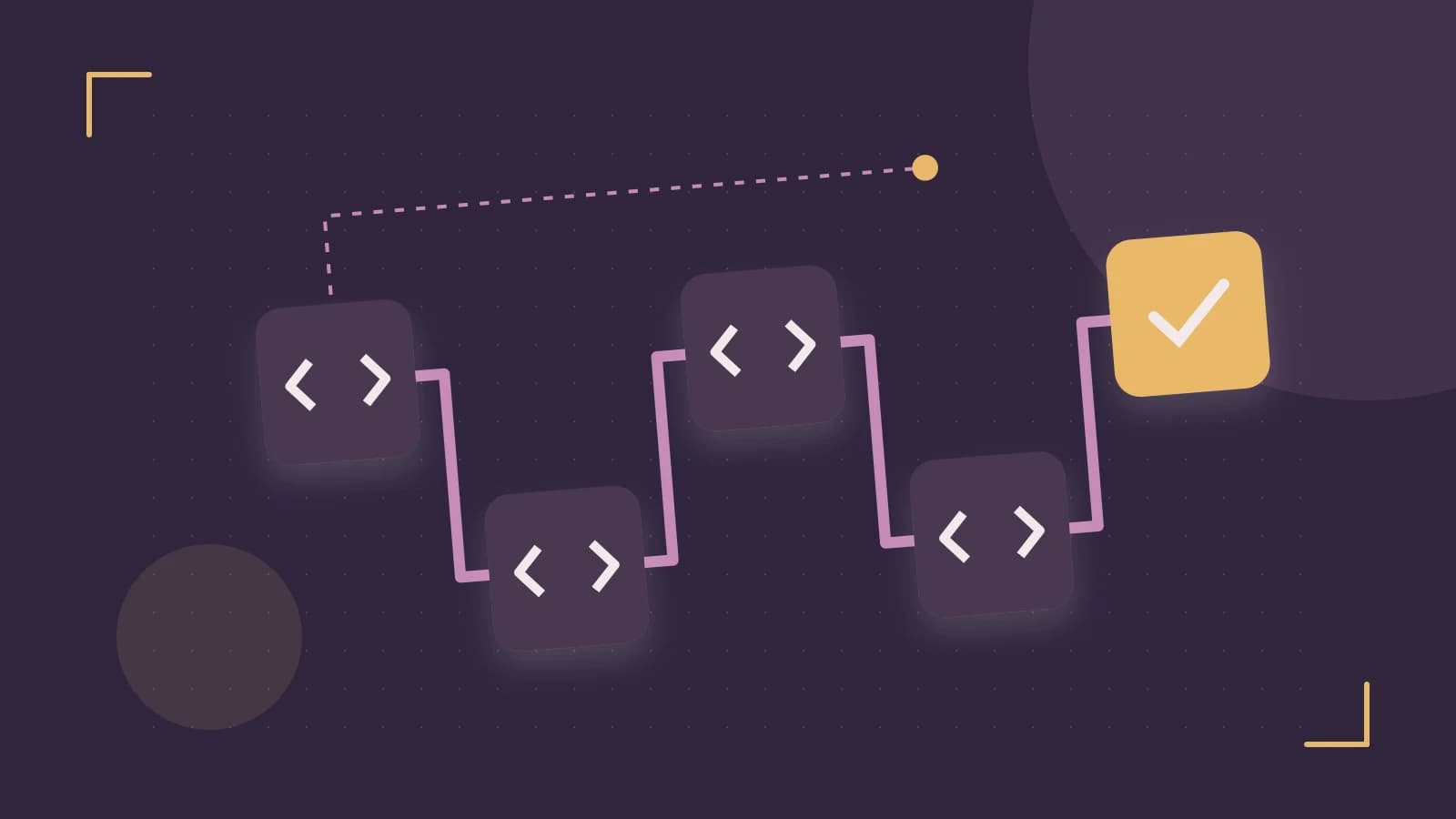 Editorial illustration of a branching build pipeline, staged transformations and a completed check