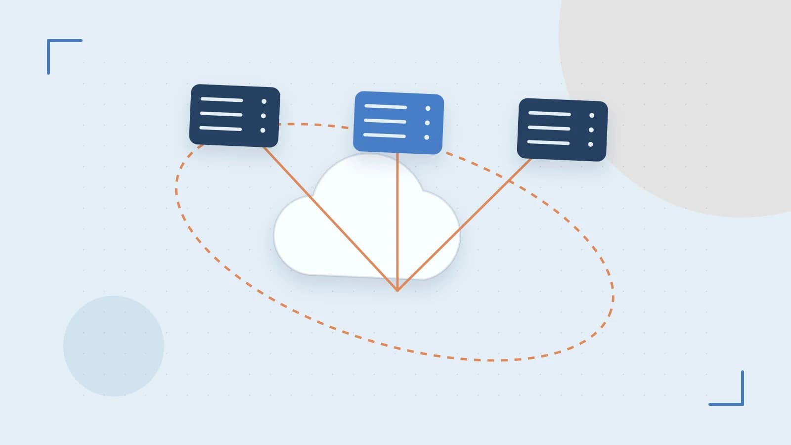 Editorial illustration of cloud infrastructure, connected server racks and an orbital service map