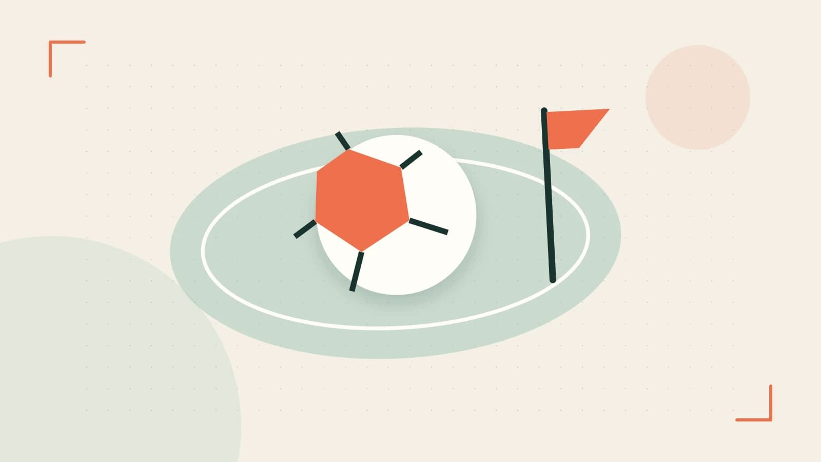 Editorial illustration of a stylized sports ball, stadium geometry and dynamic arcs