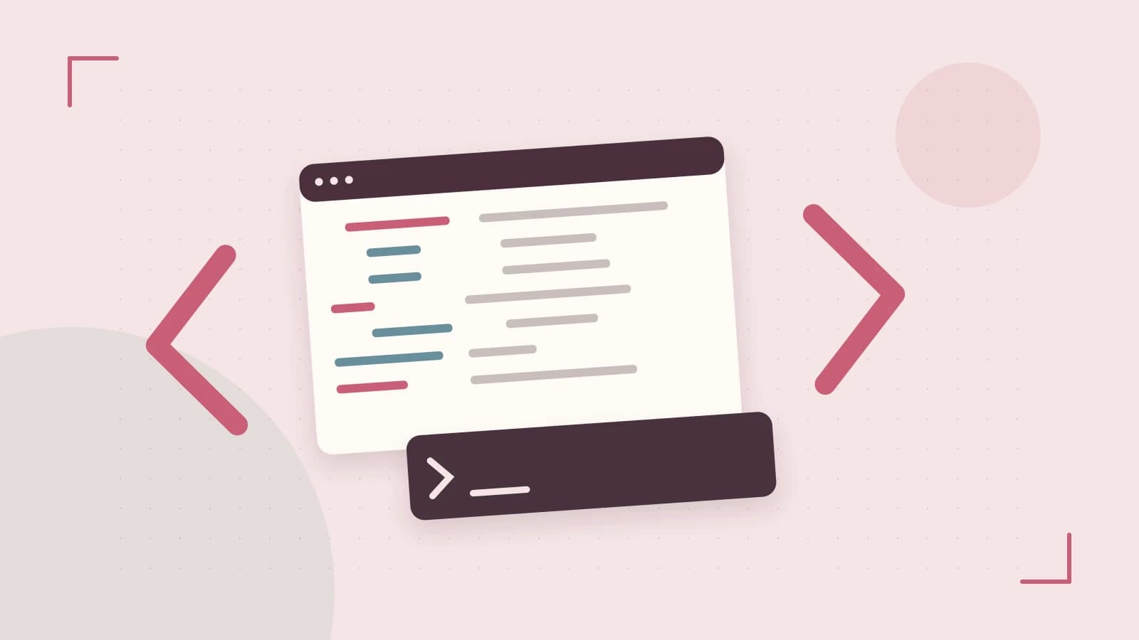 Editorial illustration of an abstract code editor, syntax blocks and oversized programming brackets