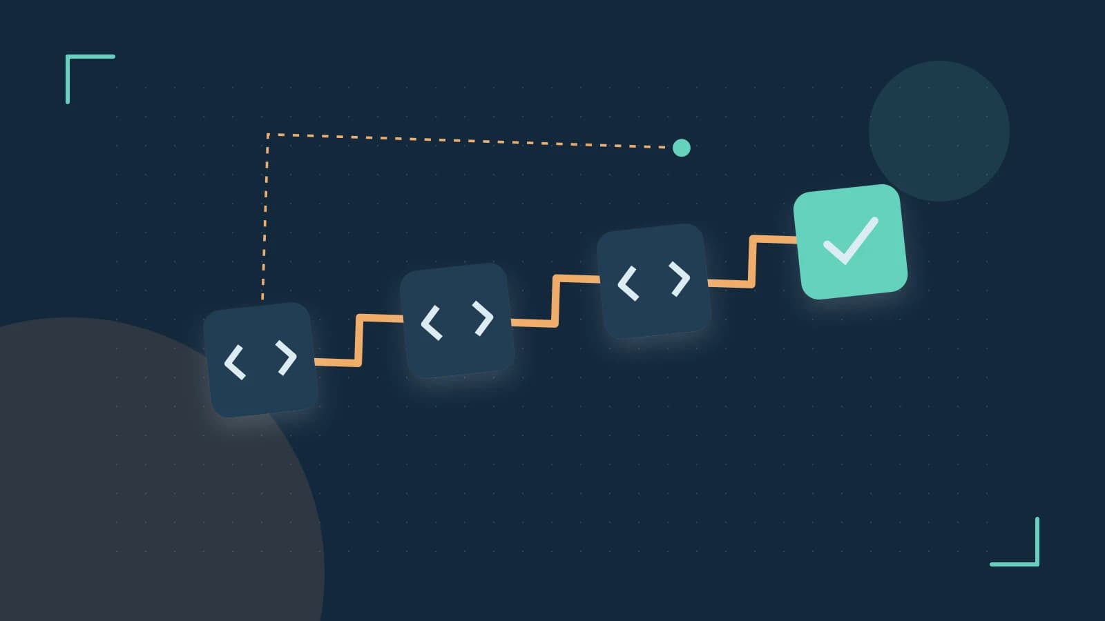 Editorial illustration of a branching build pipeline, staged transformations and a completed check