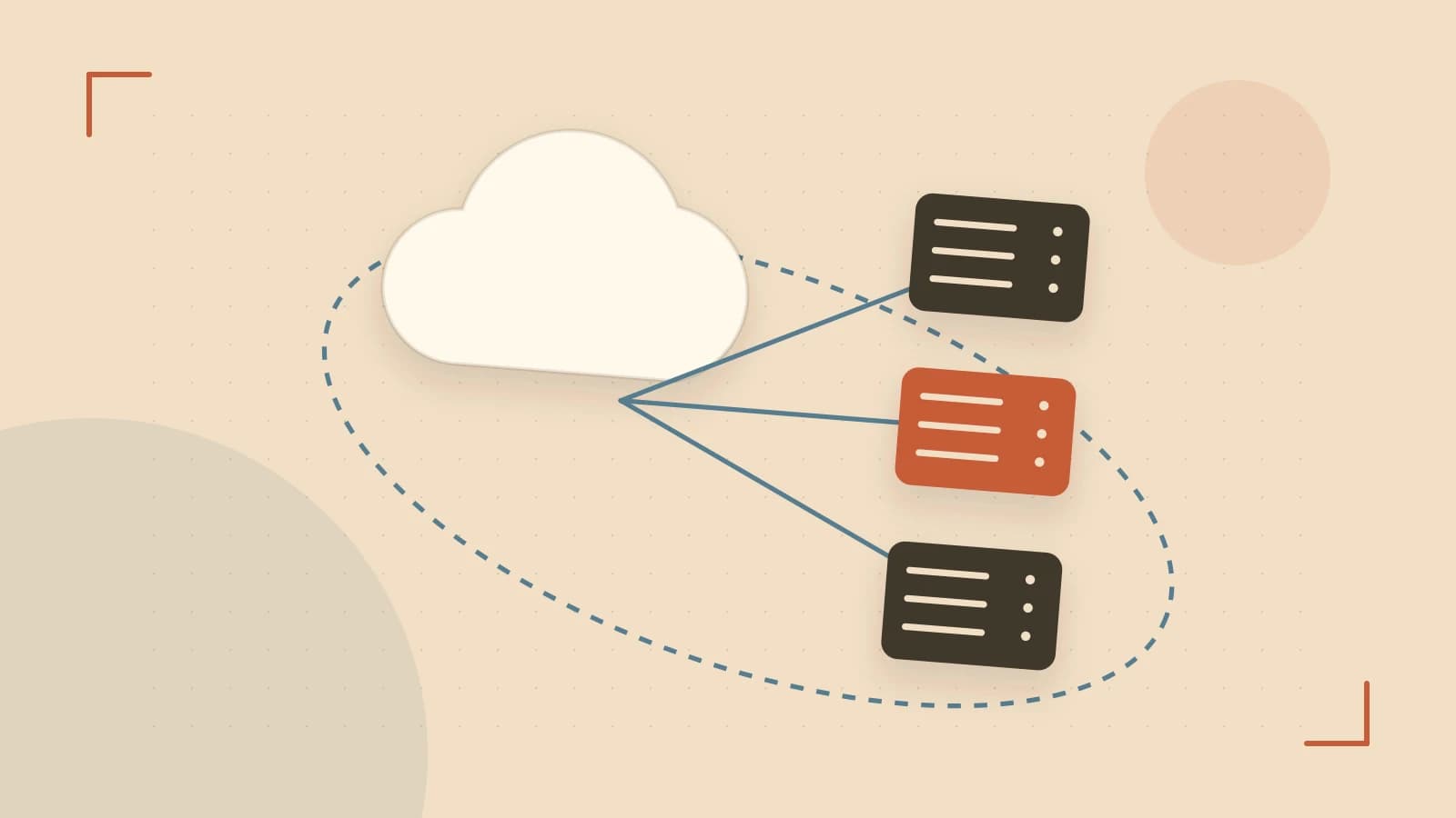 Editorial illustration of cloud infrastructure, connected server racks and an orbital service map