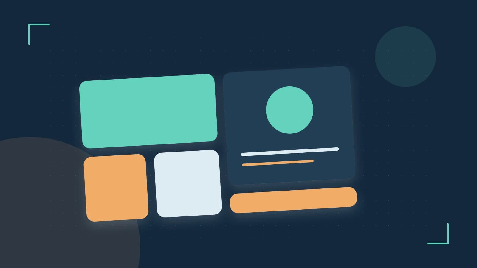 Editorial illustration of responsive browser layouts, overlapping design components and a color system