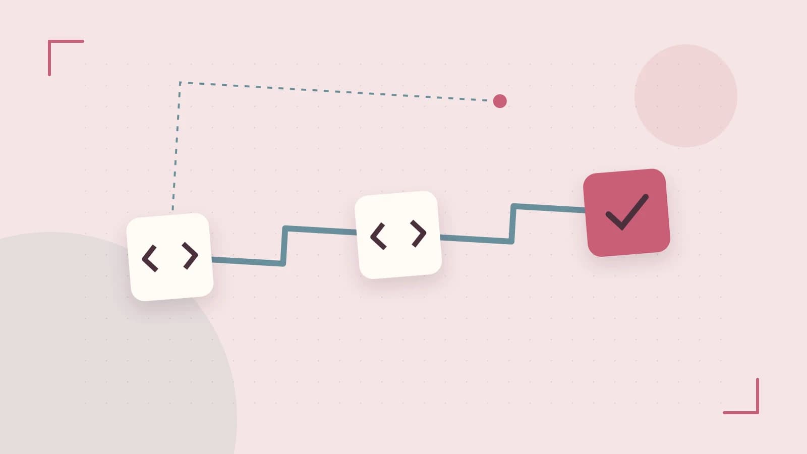Editorial illustration of a branching build pipeline, staged transformations and a completed check